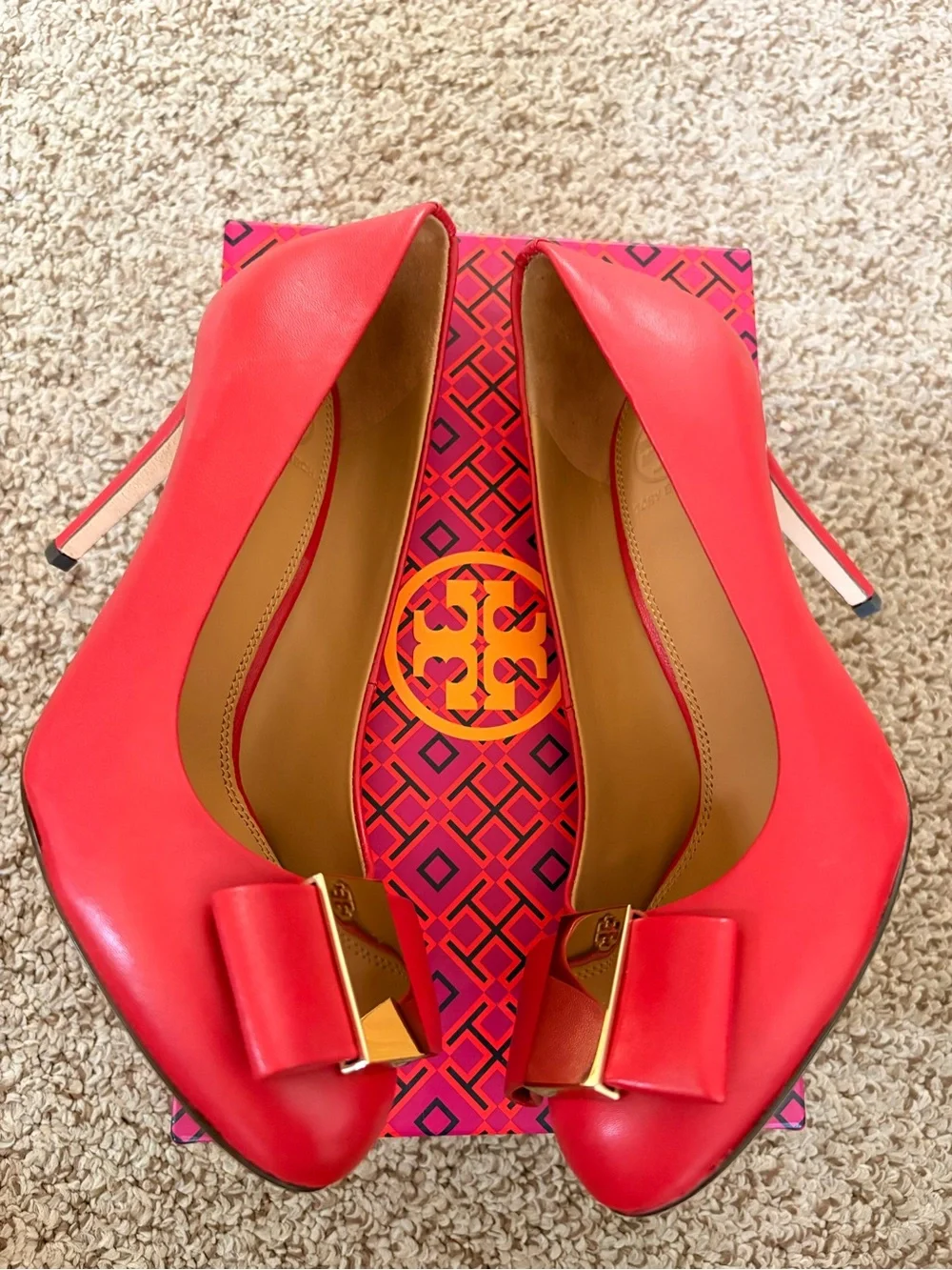 Tory Burch Red Leather Bow Pumps with Gold Plaque
